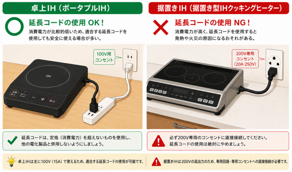 100Vの卓上IHを延長コード経由で壁コンセントにつなぐ例と、200Vの据置きIHを専用コンセントへ直接接続する例を比較したイラスト