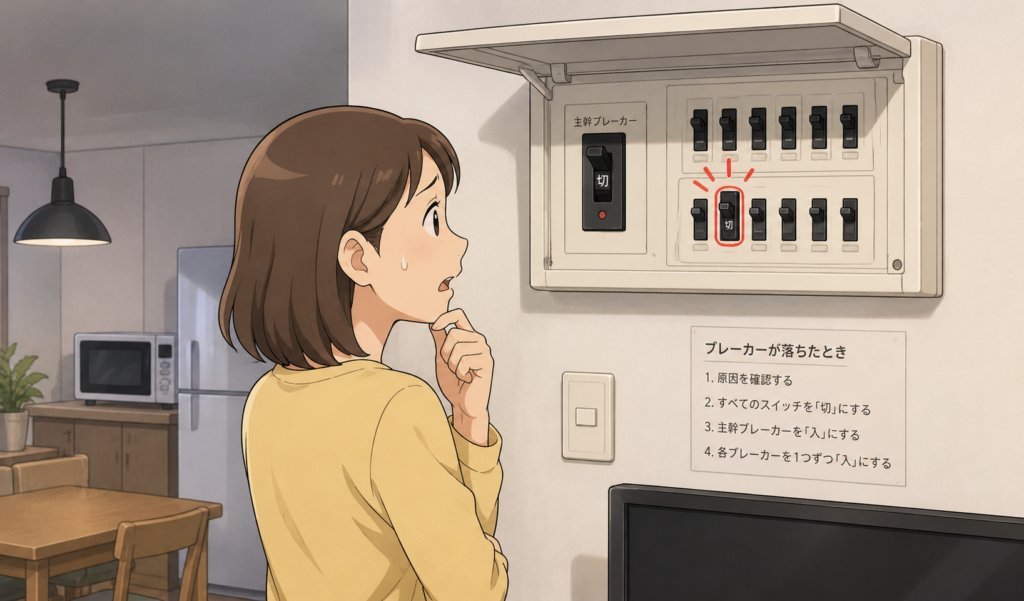 漏電によってブレーカーが落ち、分電盤を見ながら困っている女性のイラスト
