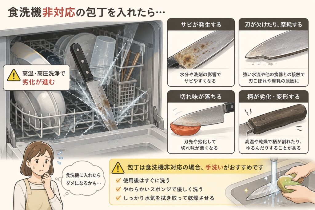 食洗機非対応の包丁を入れたことで、サビや刃の劣化、柄の傷みが起こる可能性を示したイメージイラスト