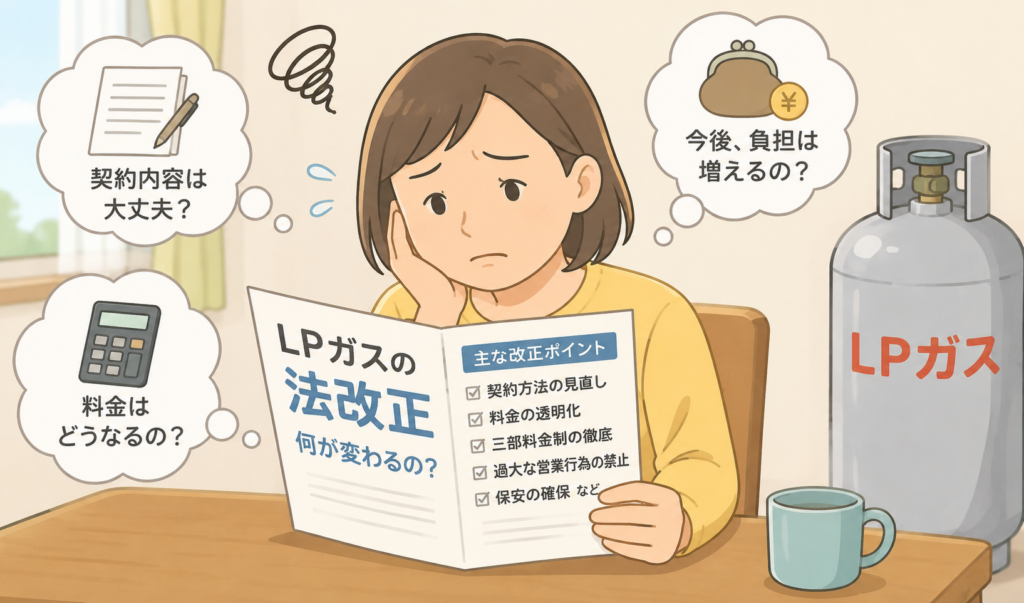 LPガスの法改正による料金や契約内容の変化について悩んでいる顧客のイラスト