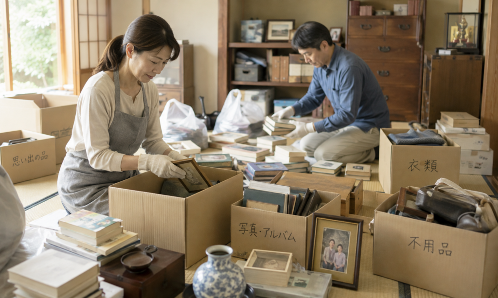 実家の家財や写真などの遺品を家族で仕分けしながら片付けている様子