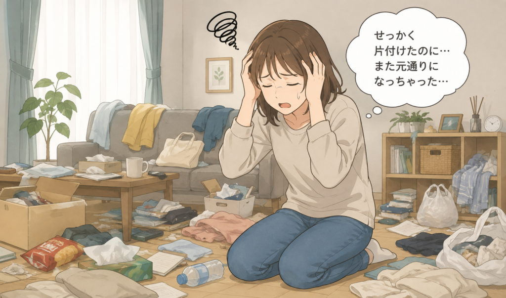 片付けた部屋が再び散らかってしまい、リバウンドに困っている女性のイラスト