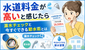 水道料金の高さに驚く女性と、漏水チェックや節水方法を表したイラスト
