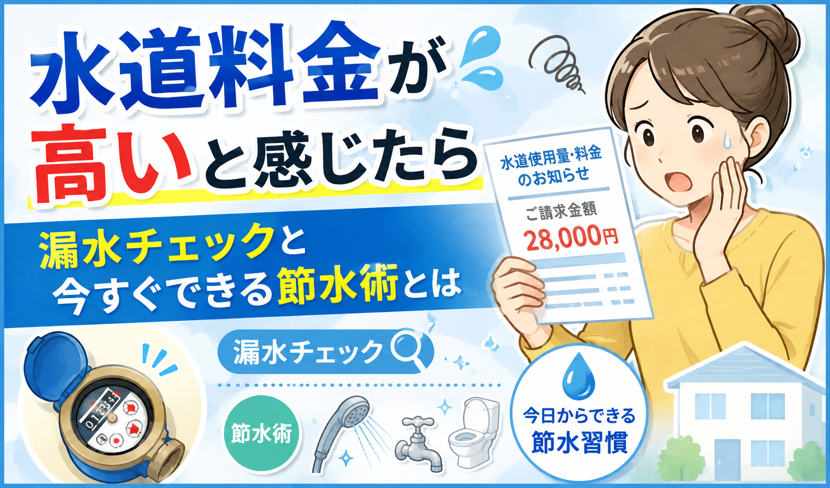 水道料金の高さに驚く女性と、漏水チェックや節水方法を表したイラスト