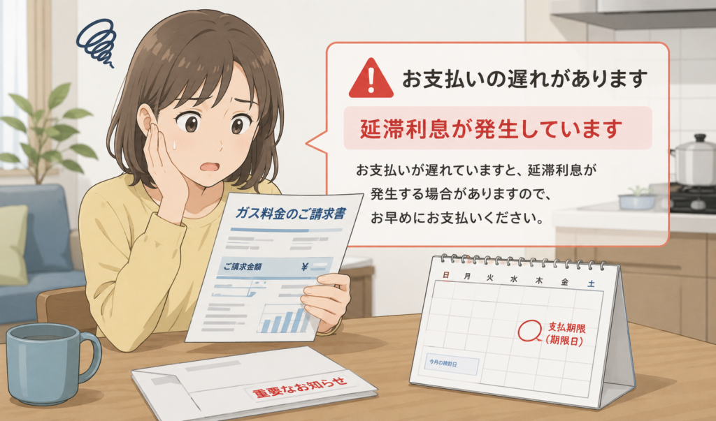 ガス料金の支払いが遅れ、延滞利息が発生していることを知って困っている女性のイラスト