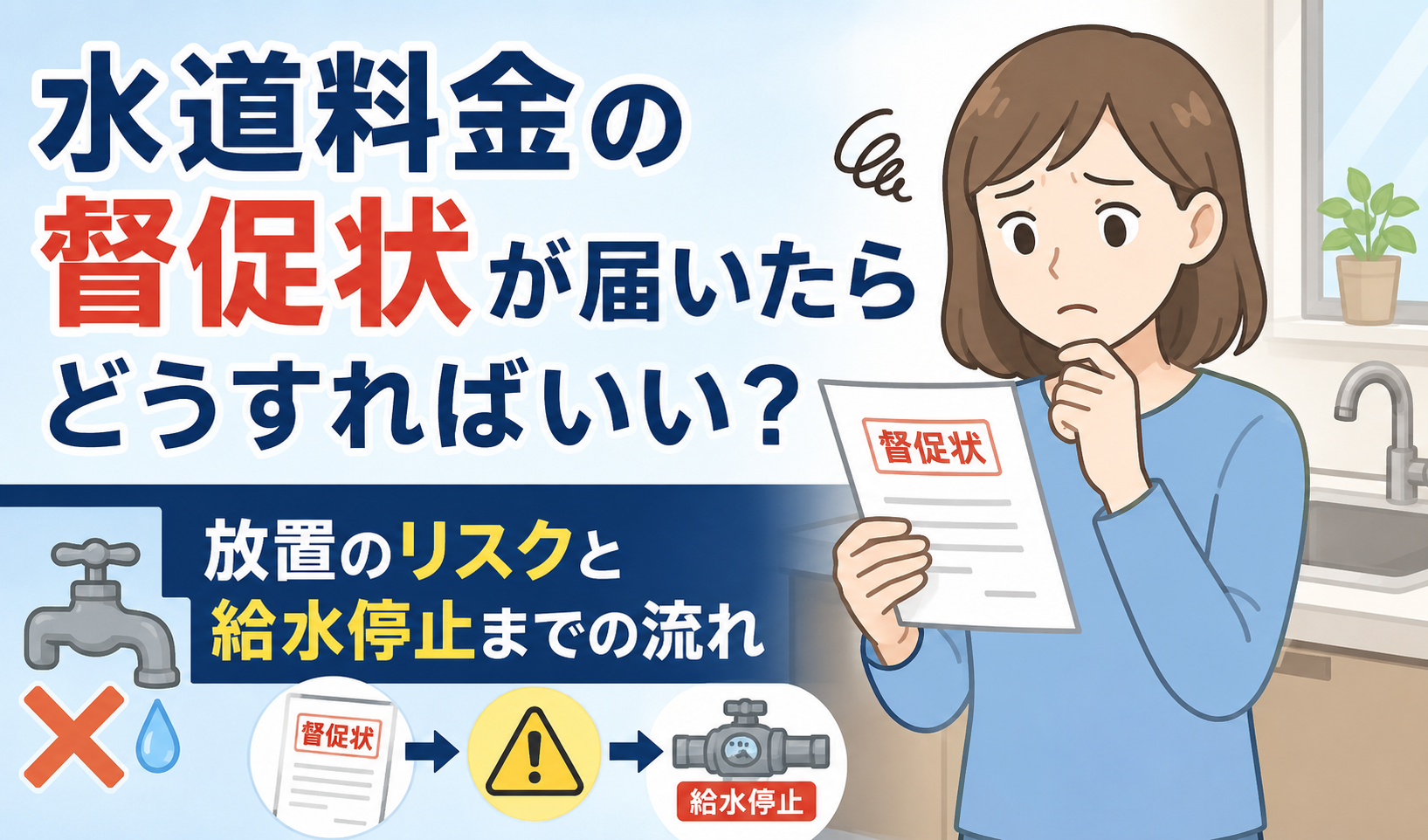 水道料金の督促状を手にして、給水停止や放置のリスクを心配している女性のイラスト