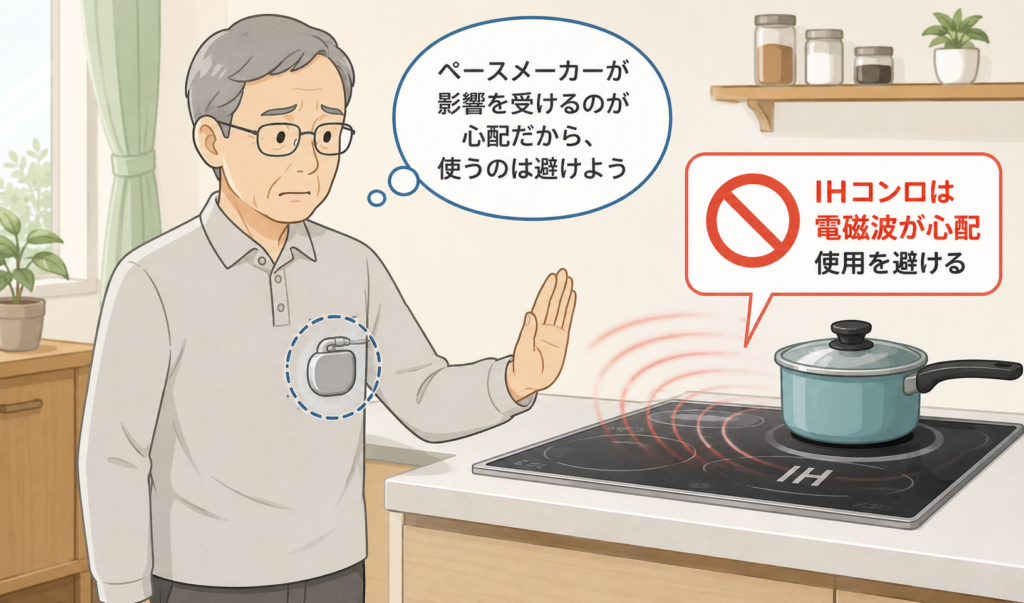ペースメーカーへの影響を心配し、IHコンロの使用を避けている男性のイメージイラスト