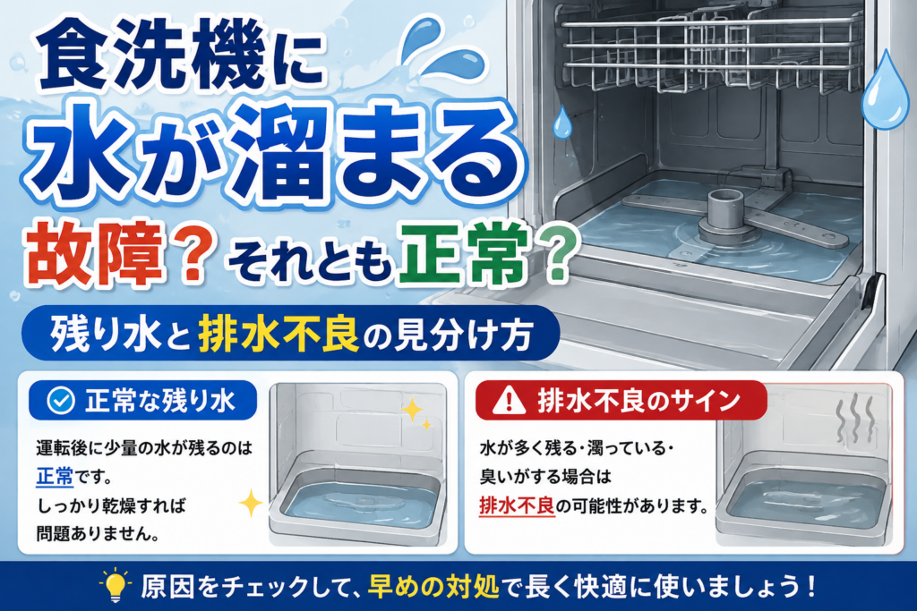 食洗機に水が溜まっている状態を示し、正常な残り水と排水不良の見分け方を解説するイラスト