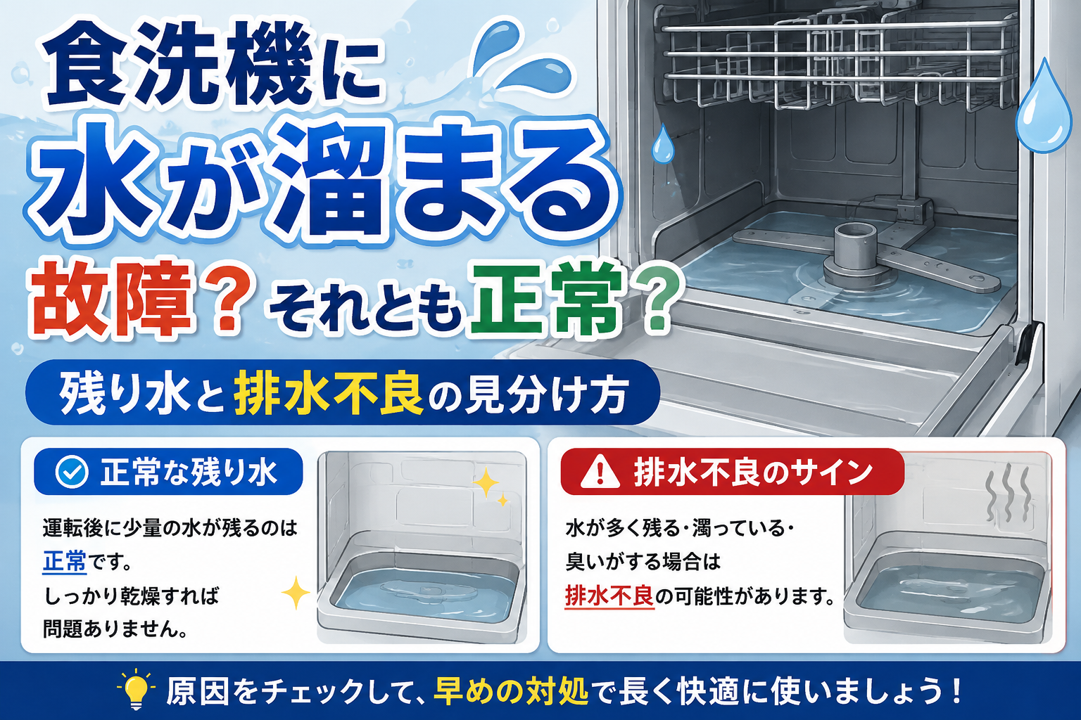 食洗機に水が溜まっている状態を示し、正常な残り水と排水不良の見分け方を解説するイラスト