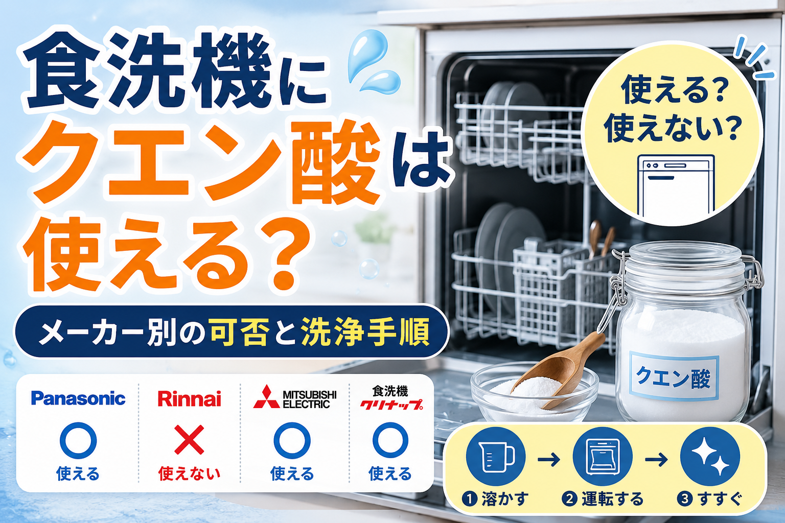 食洗機とクエン酸を描き、食洗機にクエン酸が使えるかやメーカー別の可否・洗浄手順を紹介するサムネイル画像
