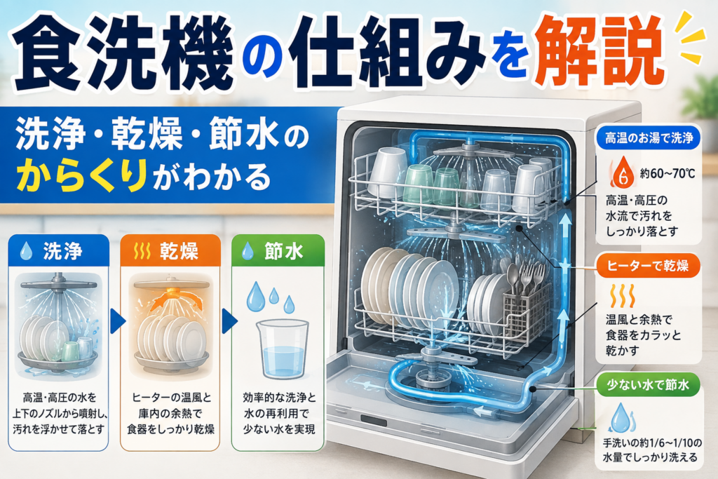 食洗機の洗浄・乾燥・節水の仕組みを庫内の水流とともに解説したイラスト