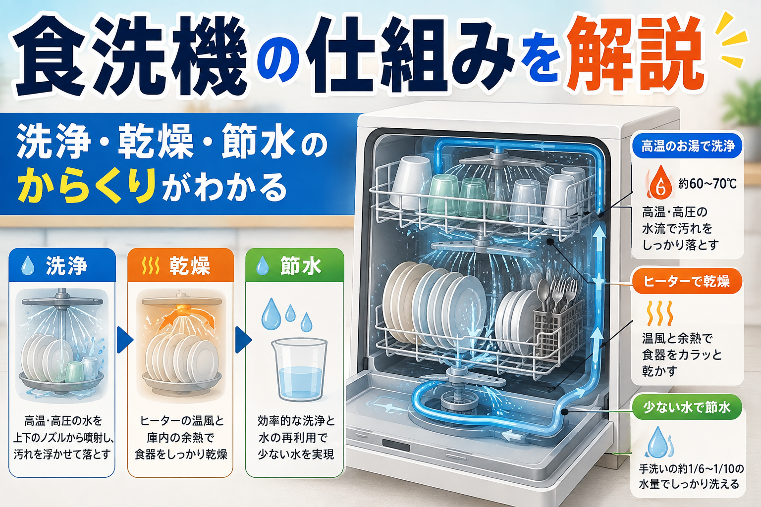 食洗機の洗浄・乾燥・節水の仕組みを庫内の水流とともに解説したイラスト