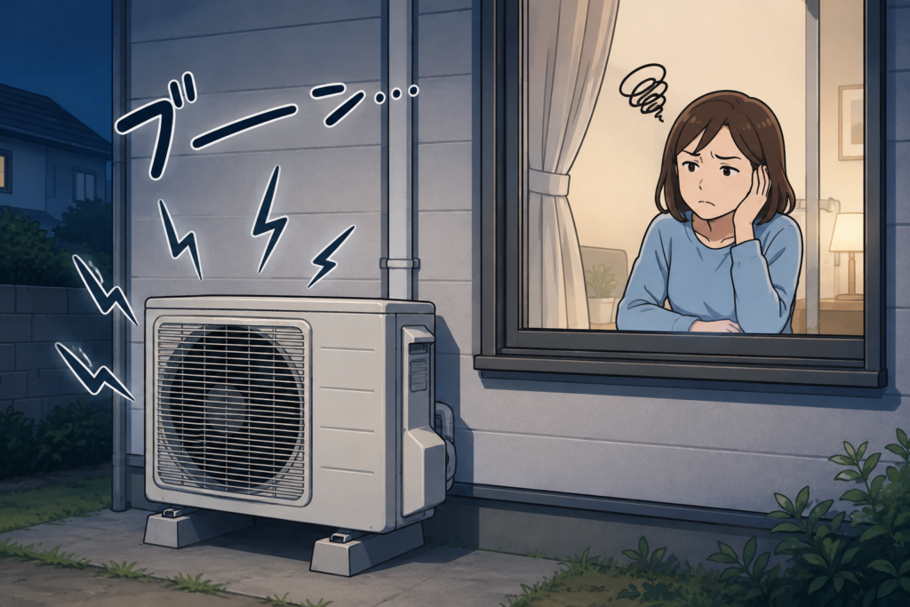 エアコンの室外機から聞こえる運転音が気になり、室内で耳を押さえて困っている女性のイラスト