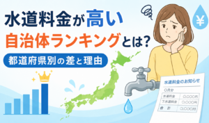 水道料金が高い自治体ランキングと都道府県別の料金差を、日本地図やグラフ、水道料金に悩む女性で表したイラスト