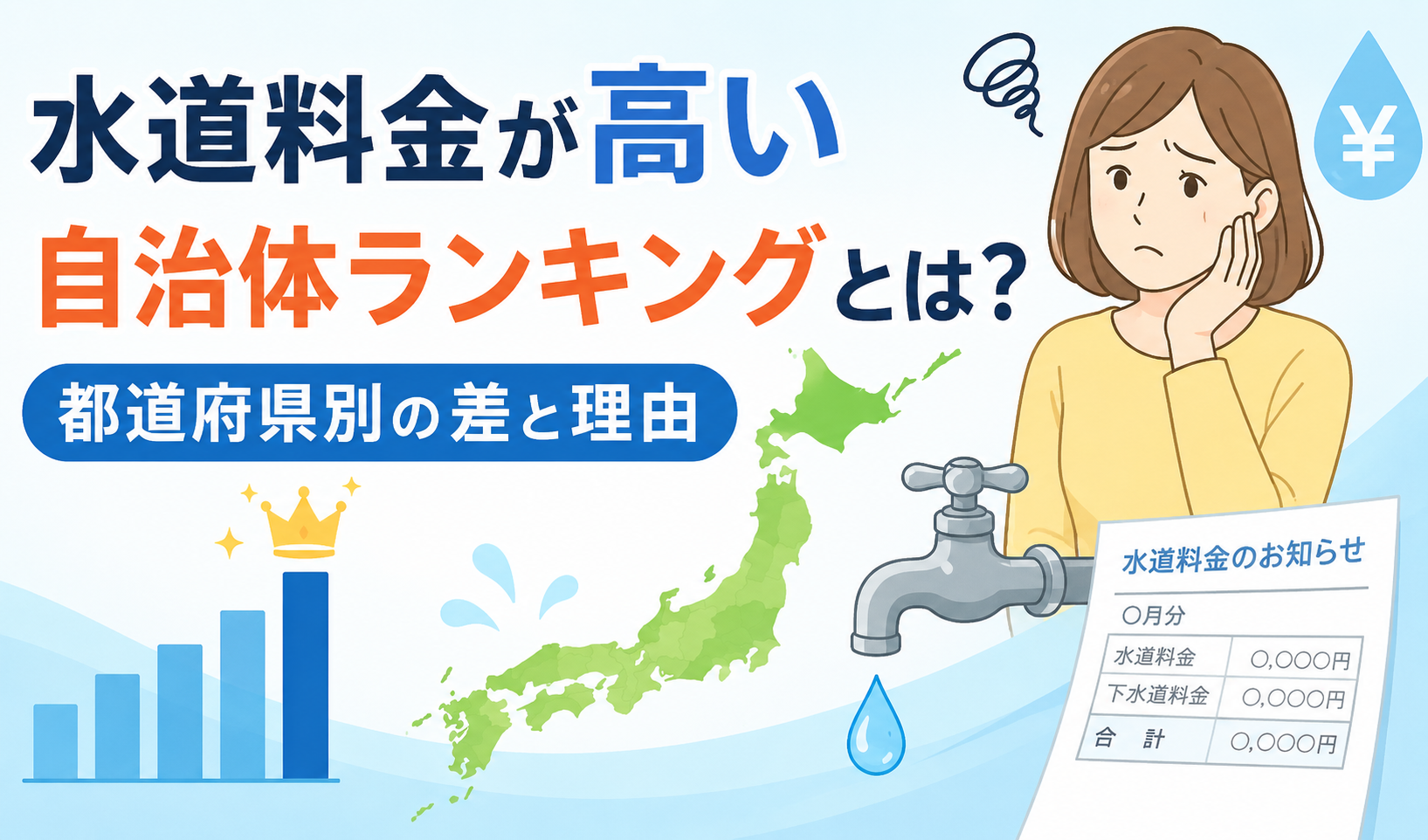 水道料金が高い自治体ランキングと都道府県別の料金差を、日本地図やグラフ、水道料金に悩む女性で表したイラスト