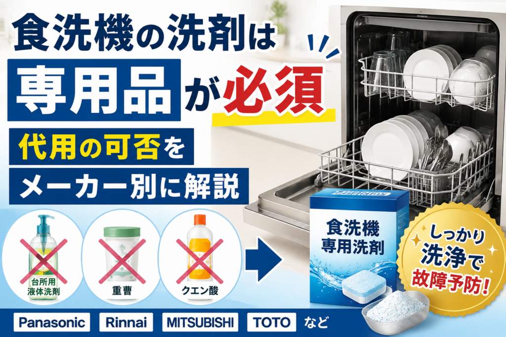 食洗機には専用洗剤が必要で、台所用洗剤などの代用品が使えるかを解説するサムネイル画像