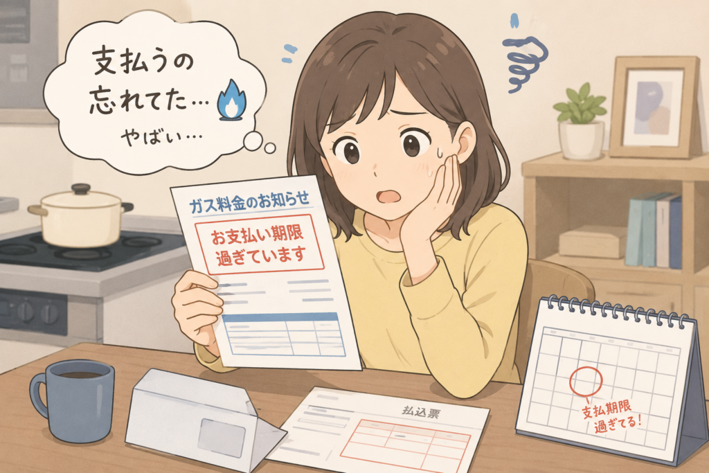 ガス料金の支払い期限を過ぎたことに気づき、払込票を手にして焦っている女性のイラスト