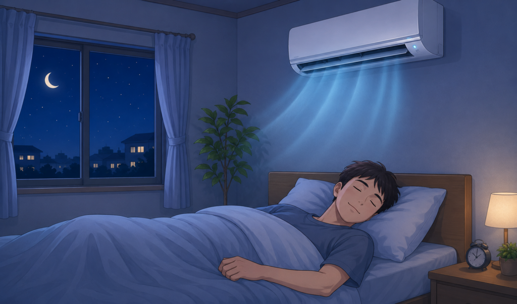 夜にエアコンをつけた寝室で、涼しく快適に眠っている男性のイラスト
