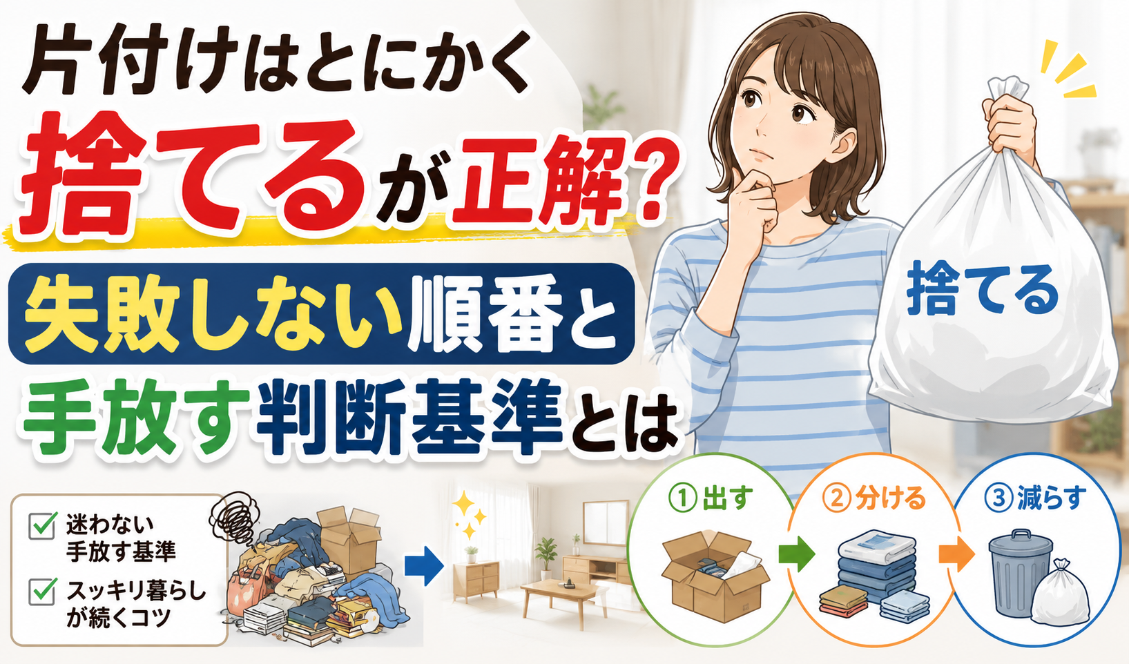 片付けで物を捨てるべきか悩みながら、手放す順番や判断基準を考えている女性のイラスト