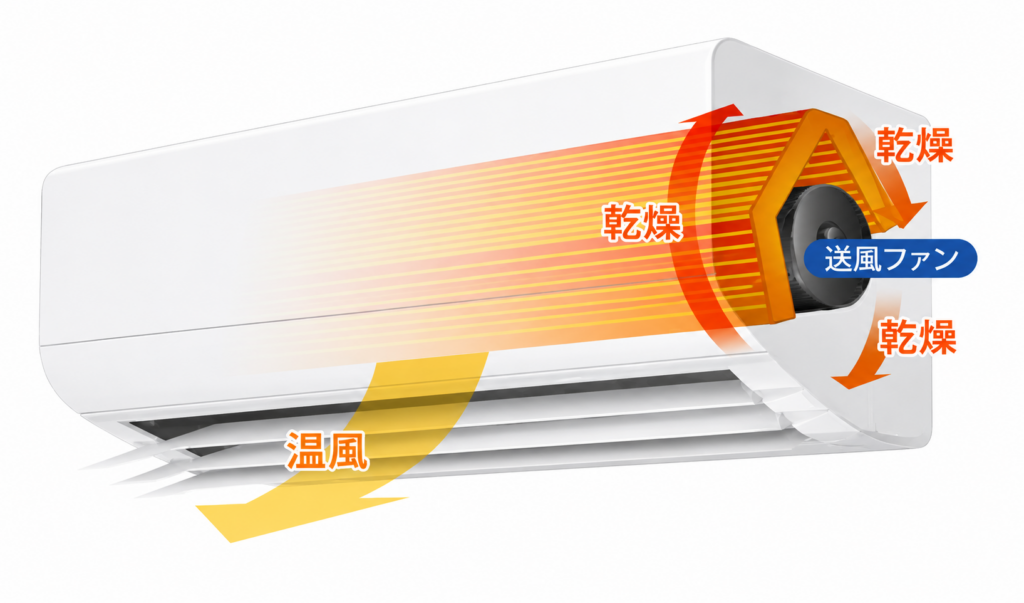 エアコン内部に温風を循環させ、送風ファンや内部を乾燥させる仕組みを示したイラスト