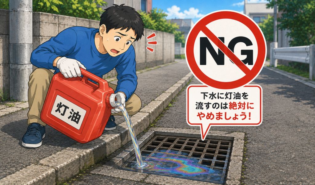 屋外の下水口に灯油を流してしまう様子と、禁止を示すNGマークのイラスト