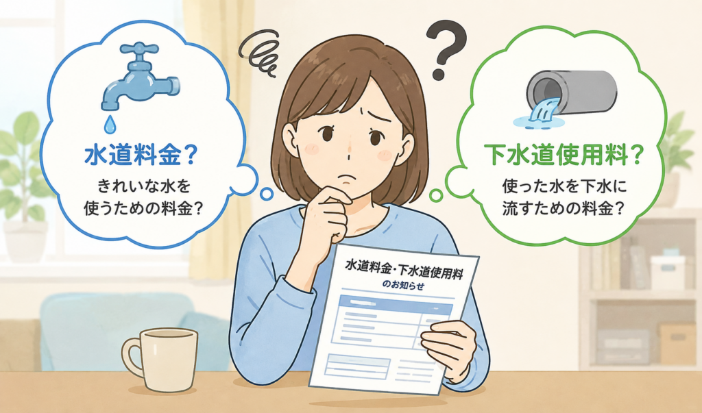 水道料金と下水道使用料の違いが分からず、料金のお知らせを見ながら悩んでいる女性のイラスト