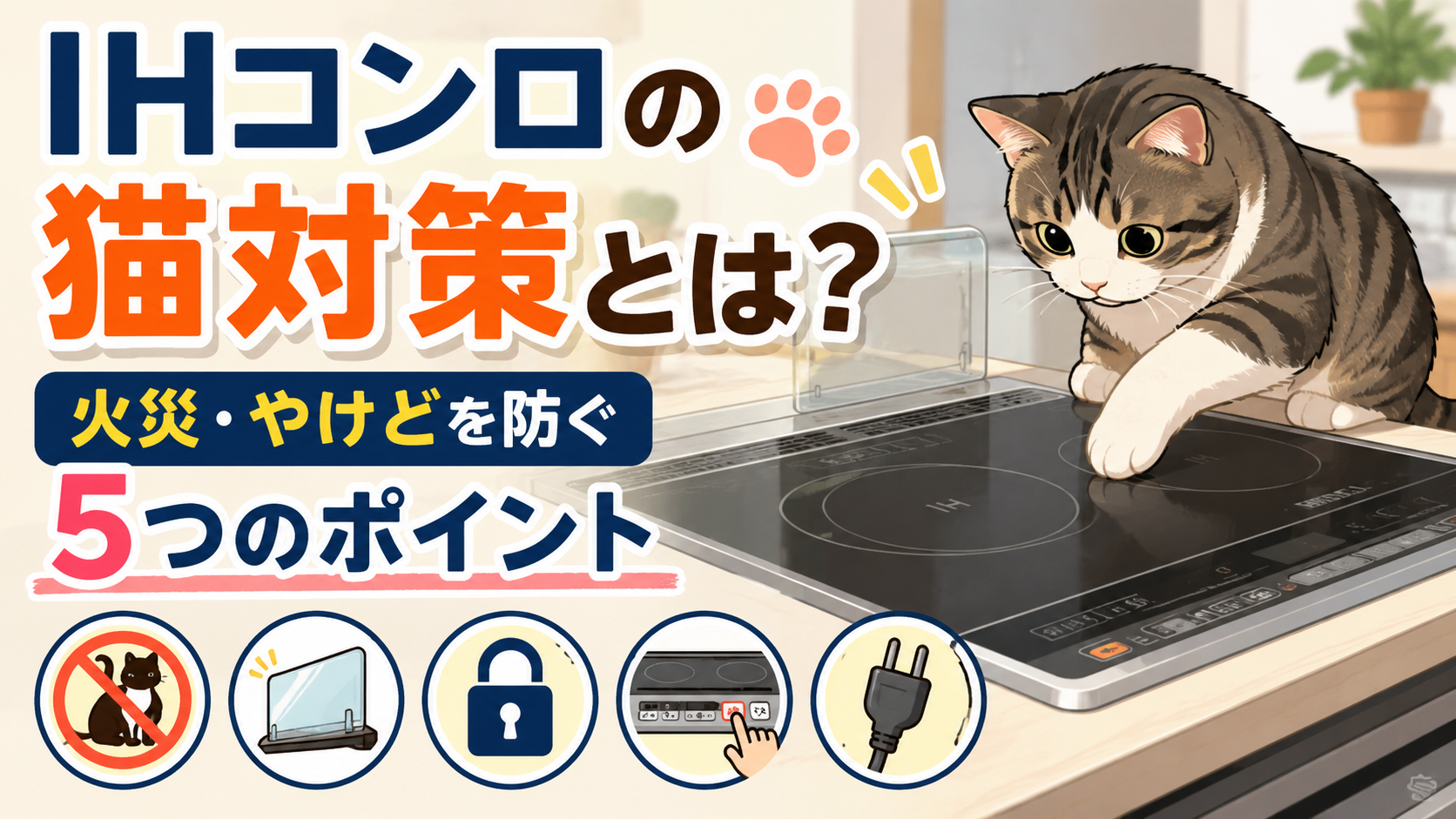 IHコンロに手を伸ばす猫と、火災・やけどを防ぐ猫対策5つのポイントを表したイラスト