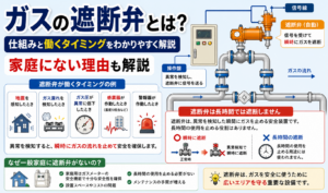 ガスの遮断弁の仕組みと、地震・ガス漏れ・圧力低下などで遮断するタイミング、一般家庭に設置されない理由を解説したイラスト