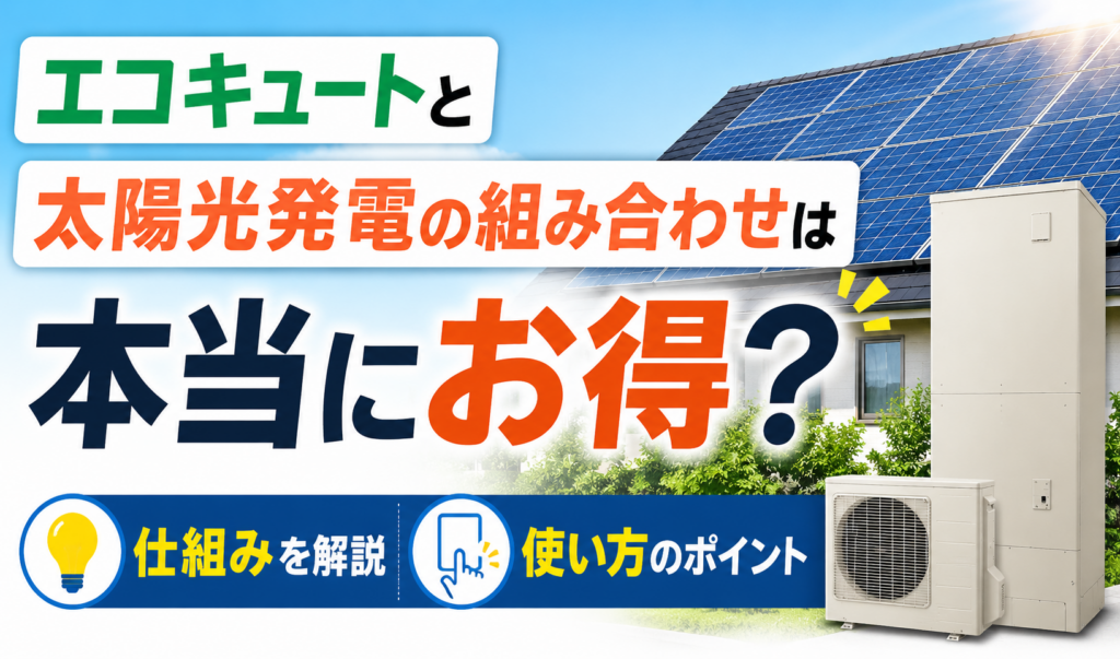 太陽光パネルを設置した住宅とエコキュートを組み合わせ、お得な使い方や仕組みを紹介するサムネイル画像
