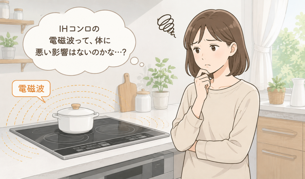 IHコンロから出る電磁波について、健康への影響を心配している女性のイメージイラスト