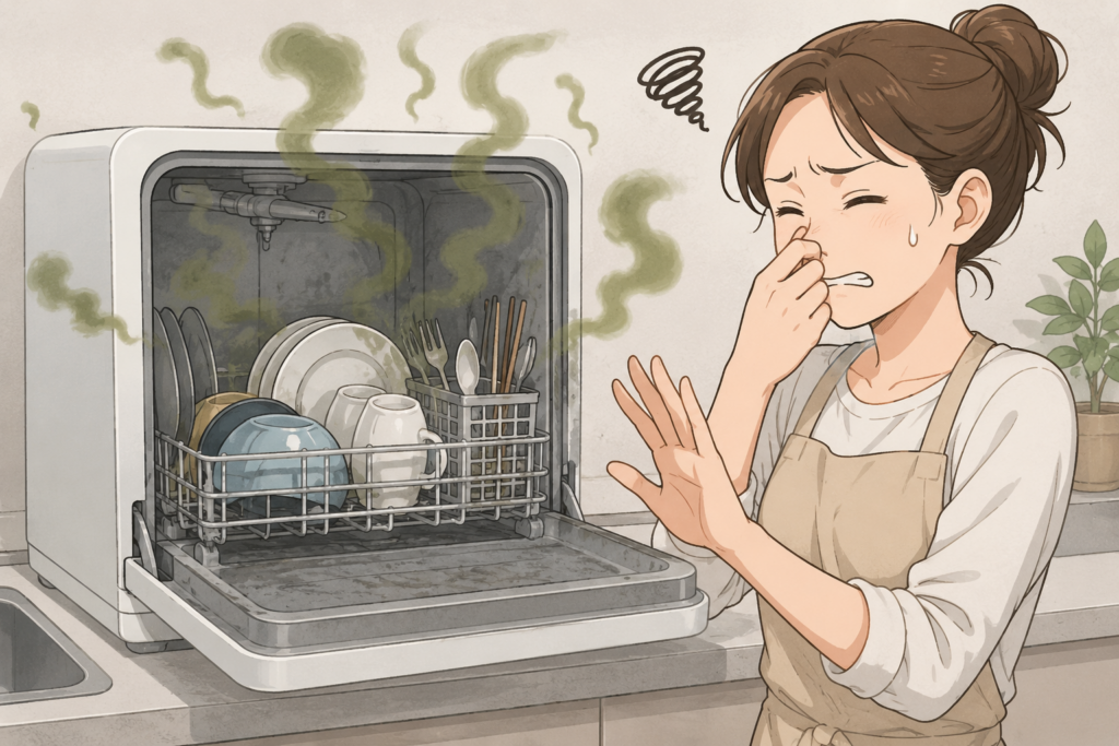食洗機から嫌な臭いが漂い、鼻をつまんで困っている女性のイラスト