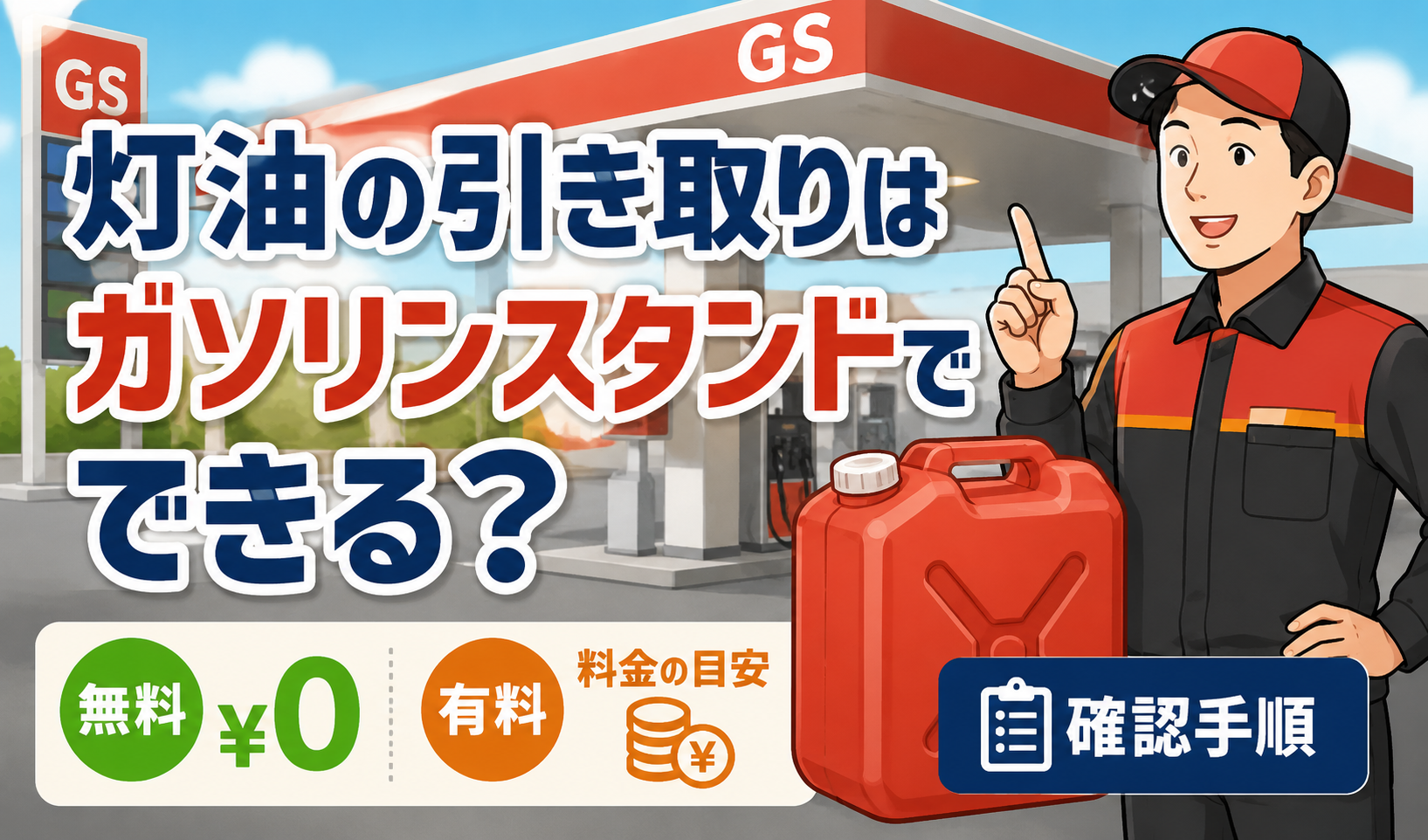 灯油の引き取りができるかガソリンスタンドで確認する様子を描いたイラスト
