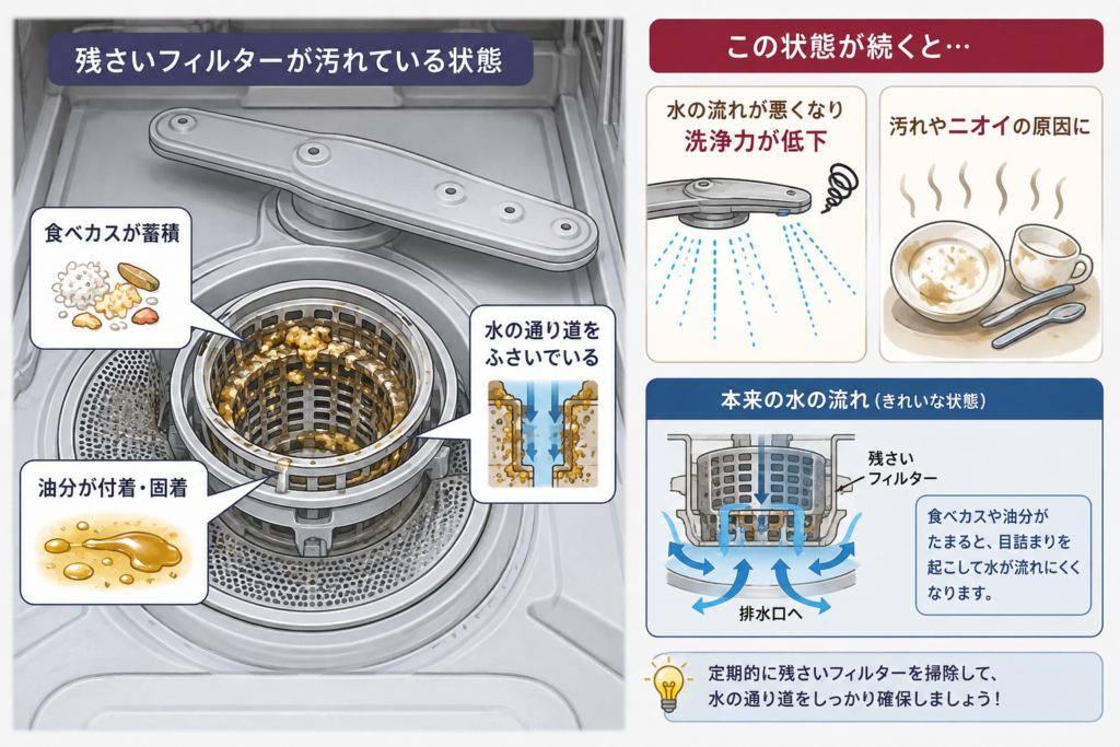 食洗機の残菜フィルターに食べカスや油分が蓄積し、水の通り道をふさいでいる状態を示したイラスト
