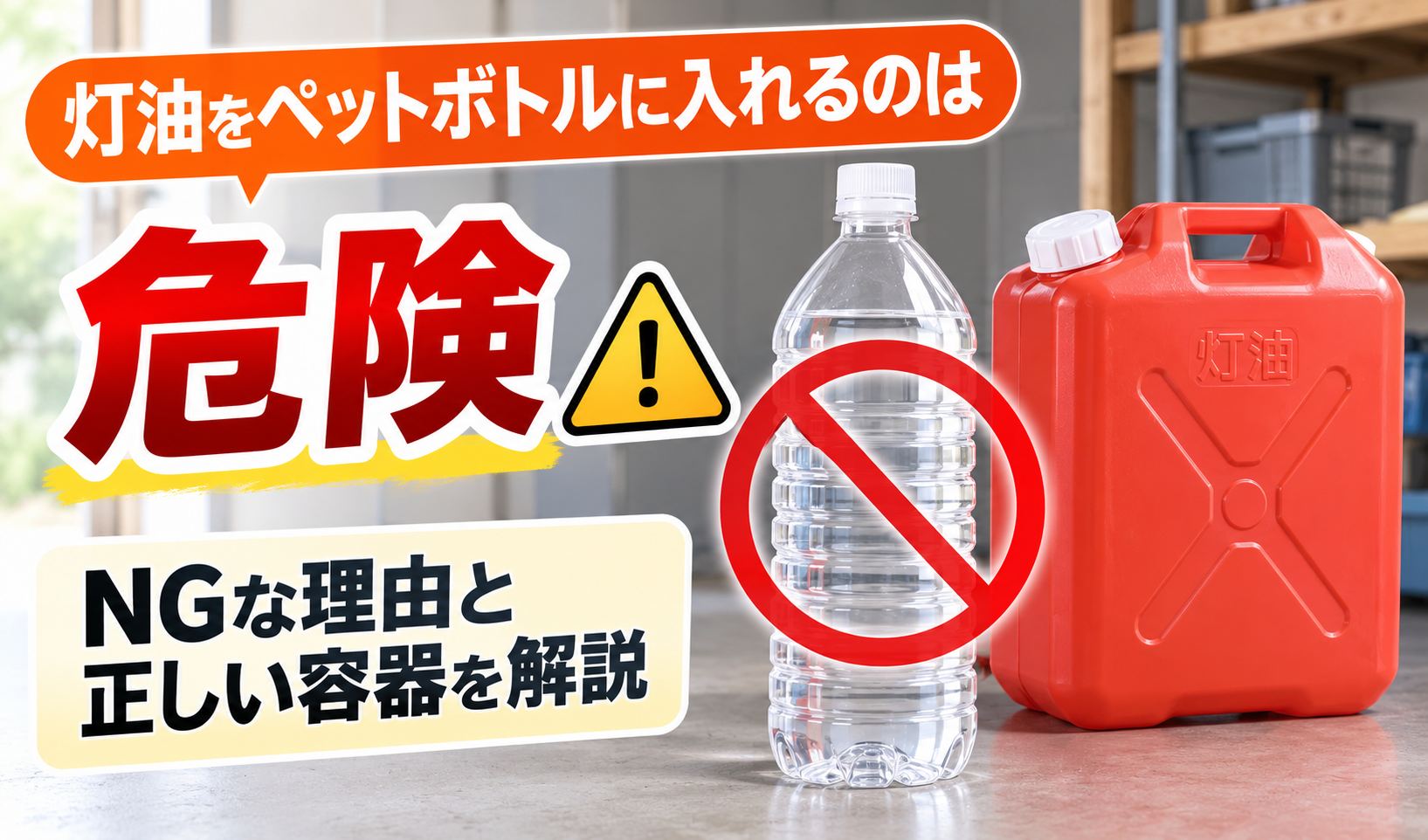 灯油をペットボトルに入れる危険性と正しい灯油用ポリタンクを示したイメージ画像