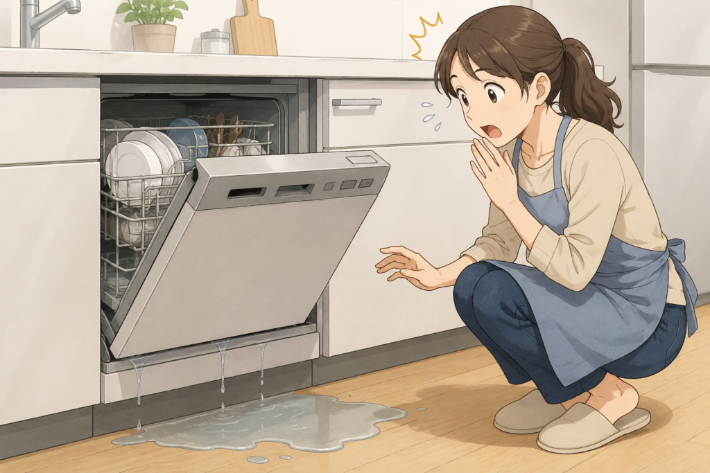 食洗機から床に水が漏れていることに気づき、驚いている女性のイメージイラスト