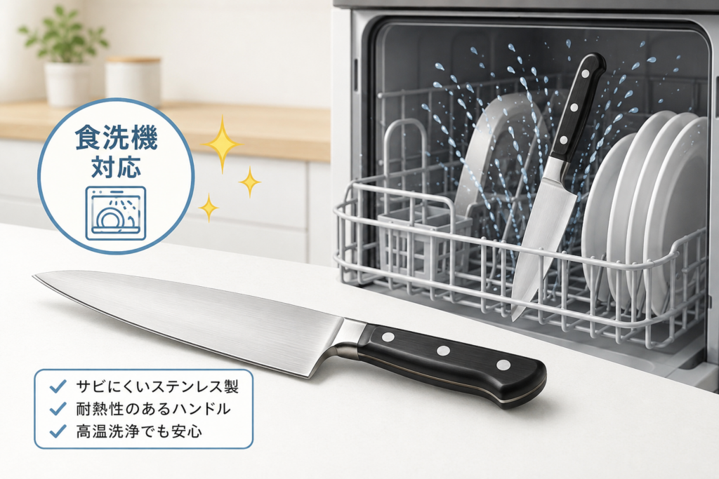 食洗機で洗えるステンレス製の食洗機対応包丁を紹介するイメージイラスト