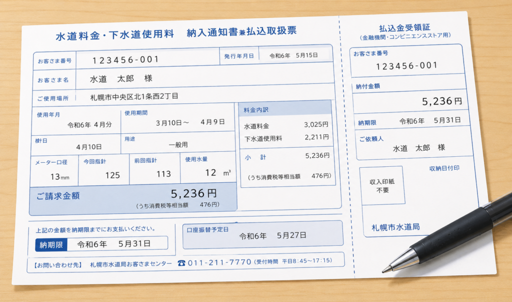 水道料金の請求金額や使用水量などが記載された払込用紙のイメージイラスト
