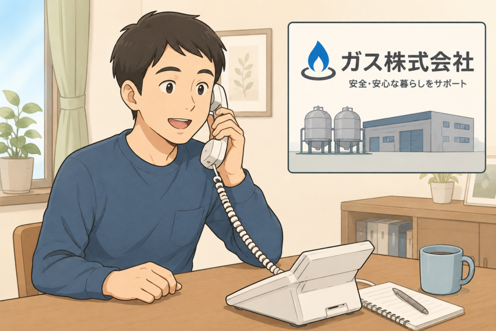 自宅からガス会社へ電話で連絡している男性のイメージイラスト