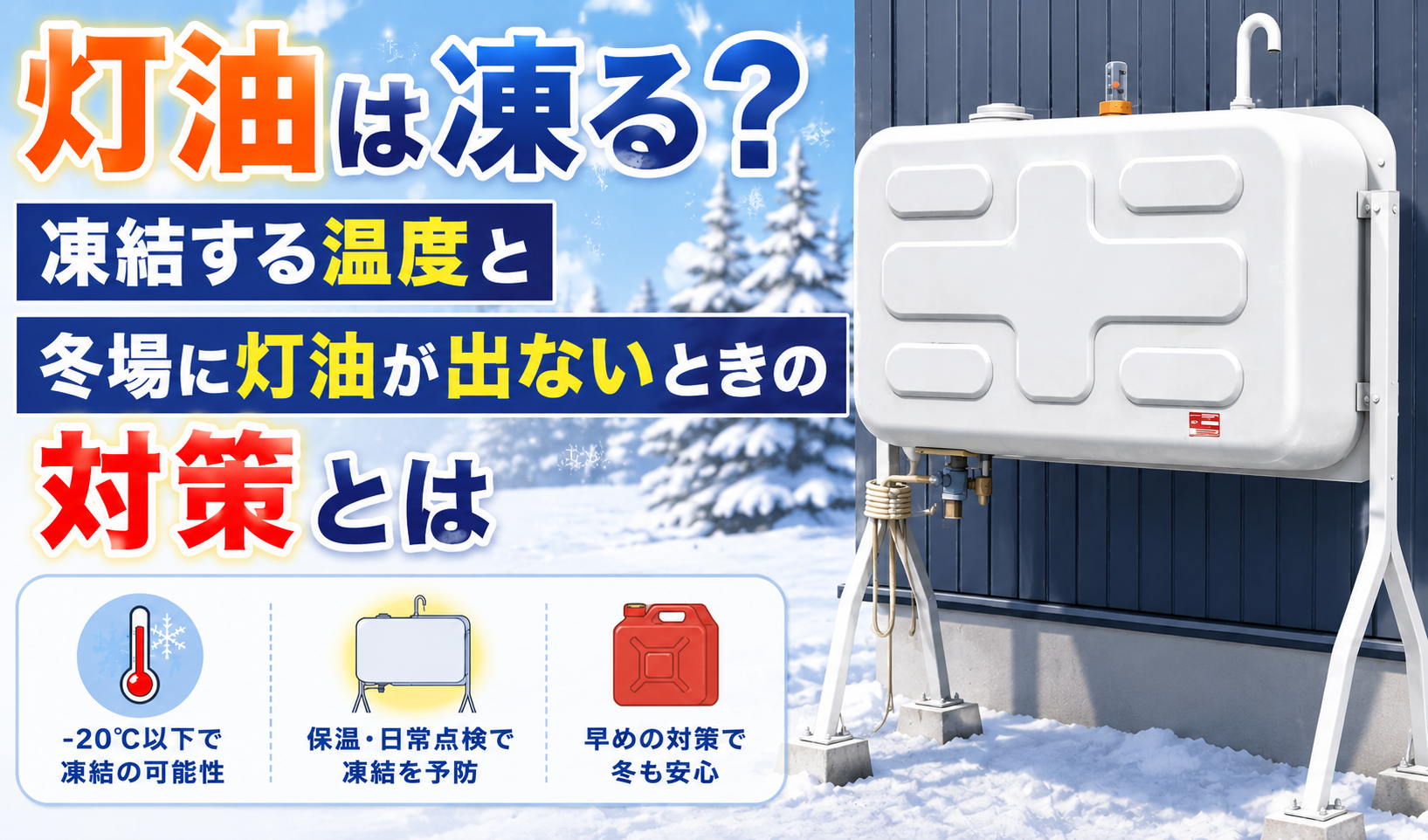 雪の積もる住宅脇の灯油ホームタンクと、灯油の凍結温度や冬場の凍結対策を示したイラスト