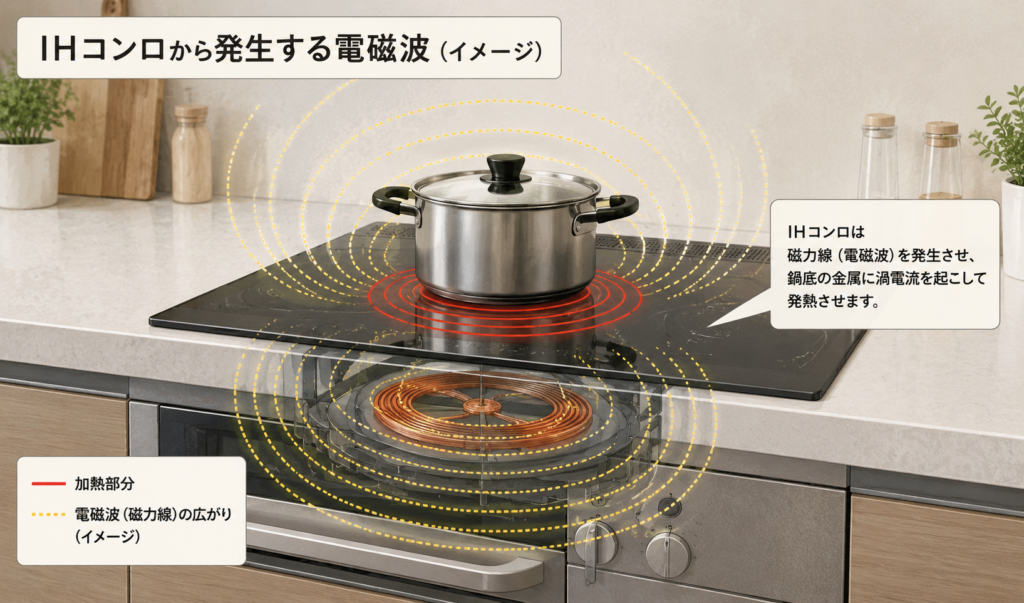 IHコンロの加熱中に周囲へ電磁波が発生している様子を示したイメージイラスト