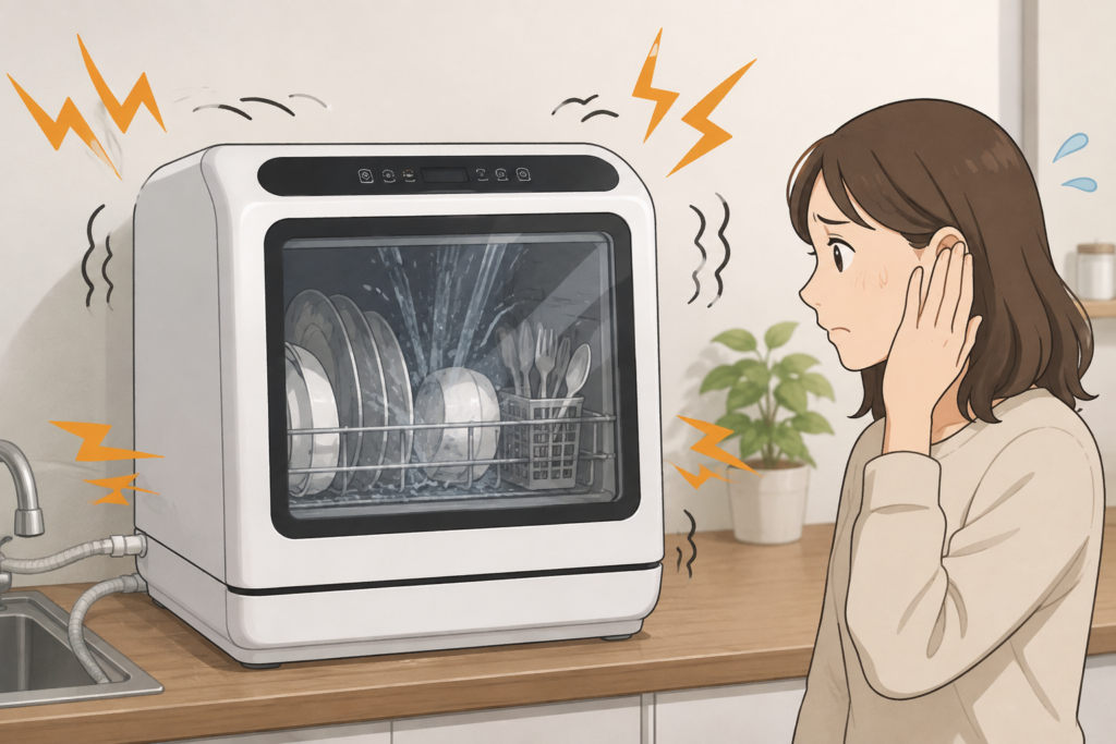 運転中の卓上型食洗機から大きな音が発生し、気になって耳を押さえている女性のイラスト
