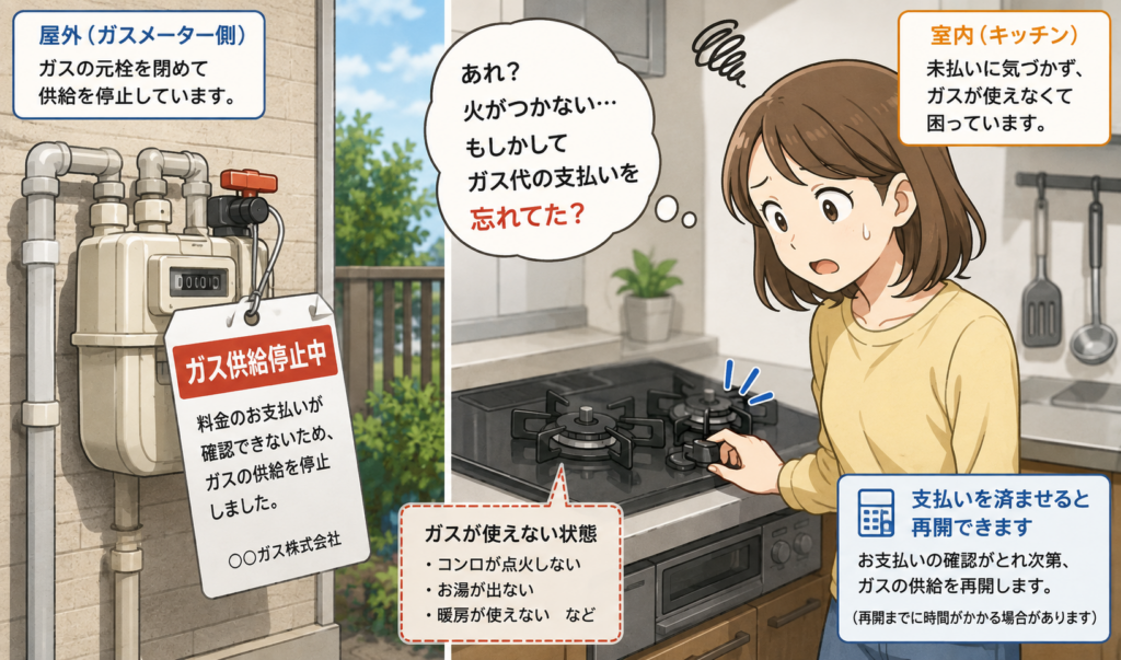 ガス料金の未払いにより屋外のガスメーターで供給を止められ、室内でガスコンロが使えず困っている女性のイラスト
