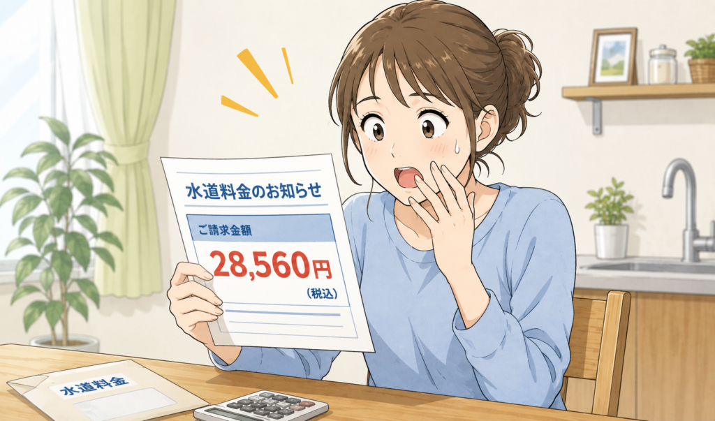 28,560円の高額な水道料金の請求書を見て驚いている女性のイラスト