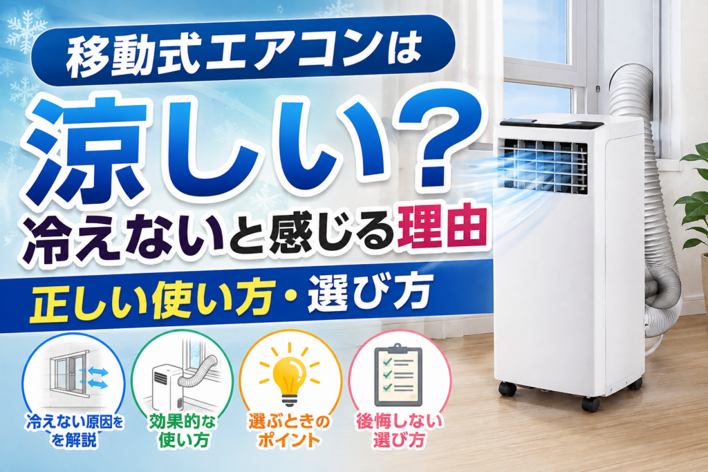 移動式エアコンから冷風が出ている様子と、冷えない理由や正しい使い方・選び方を紹介するイメージ