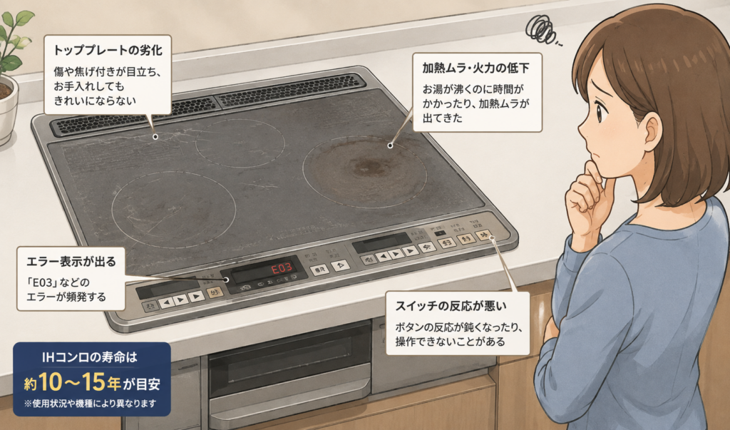寿命を迎え、トッププレートの劣化や加熱不良などが見られるIHコンロを心配そうに確認している女性のイラスト