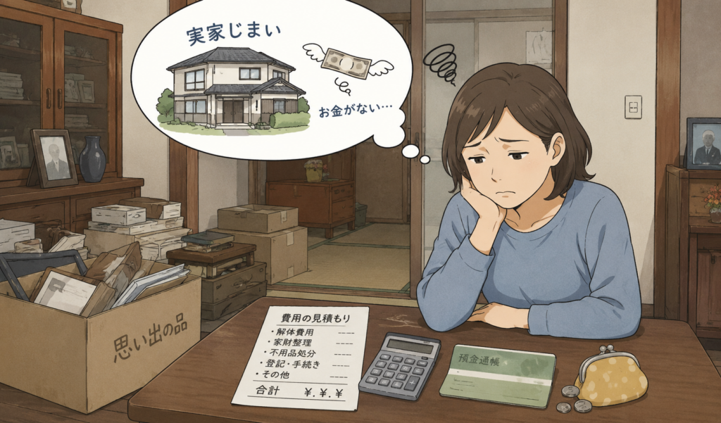 実家じまいをしたいものの費用が足りず、見積もりを前に困っている女性のイラスト