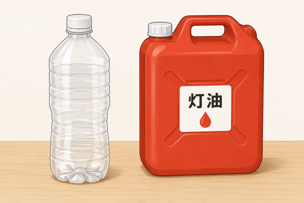 空のペットボトルと灯油用ポリタンクが並んで置かれているイメージイラスト