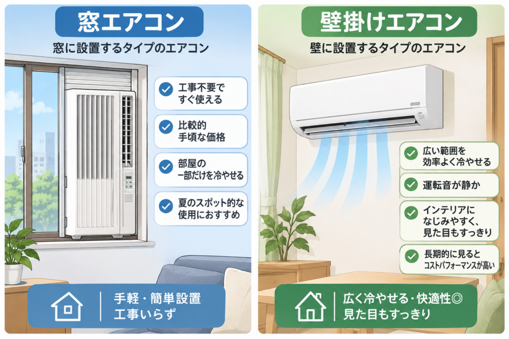 窓に設置する窓エアコンと、壁に設置する壁掛けエアコンの違いを比較したイメージイラスト