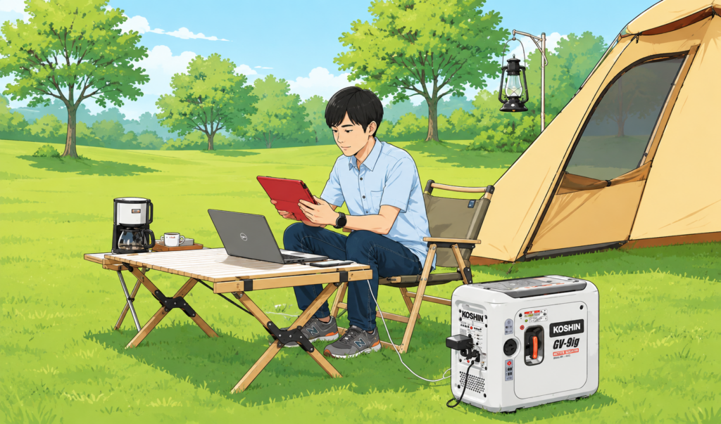 キャンプ場でカセットボンベ式ガス発電機を使用しながら、テントの前でパソコンやタブレットを操作する男性のイラスト