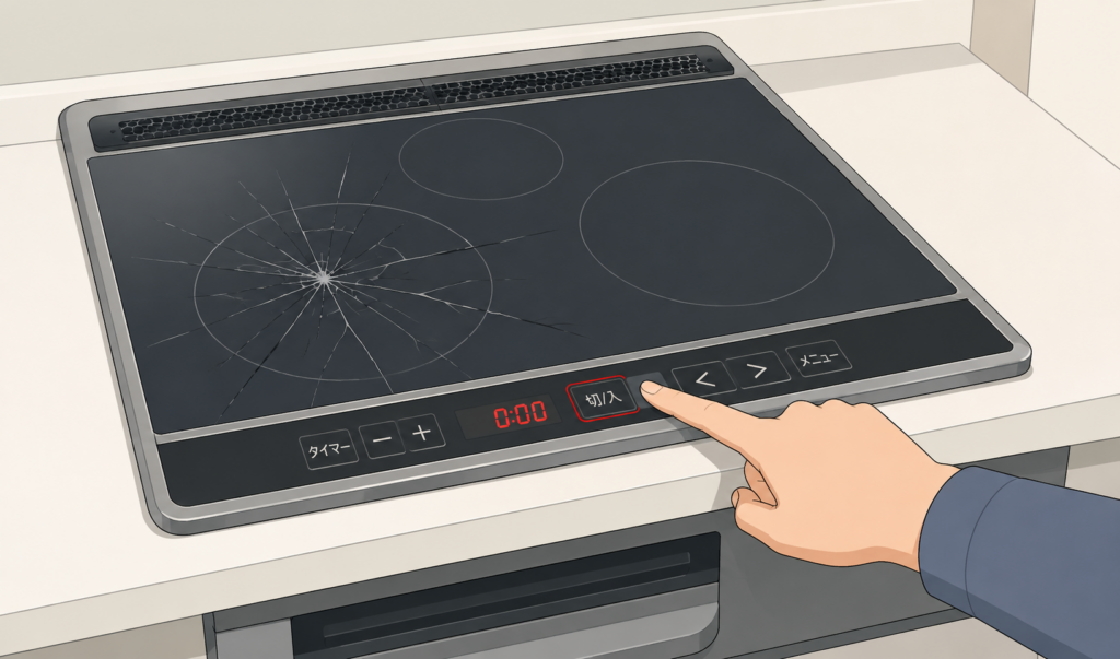 ガラス面にヒビが入ったIHコンロの電源を切っている様子のイラスト